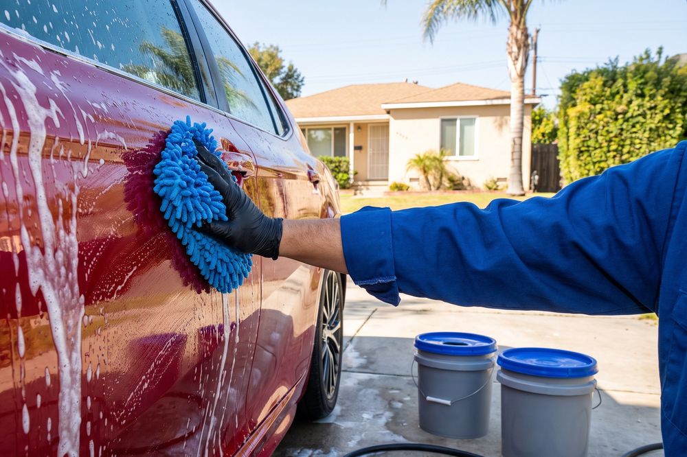 A gloved hand in a blue work sleeve and a blue wash mitt working white foam down the door of a red Toyota Camry on a driveway, with two buckets with blue lids and a coiled hose beside it and a stucco bungalow and a palm tree behind.
