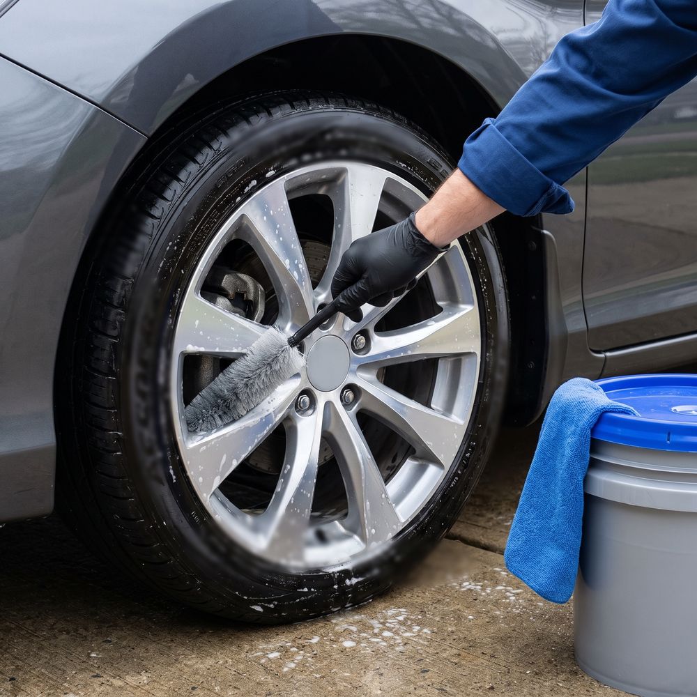 A gloved hand in a blue work sleeve pushing a long soft wheel brush between the spokes of a foamy silver alloy wheel, with a blue towel hanging on a bucket with a blue lid beside the tire.